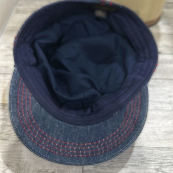 Blue denim cross embellished distress red stitch baseball cap hat - Picture 7 of 8